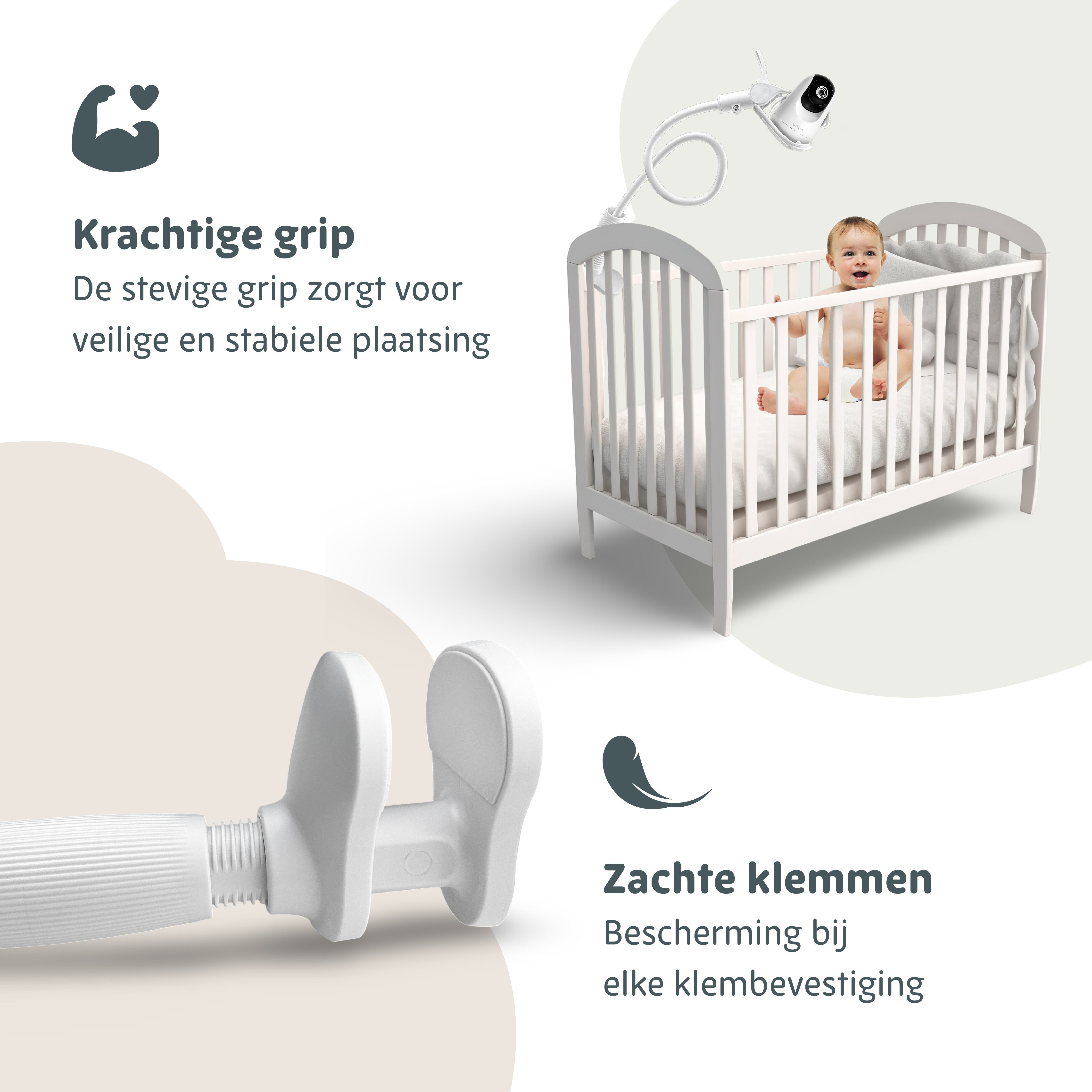Lumini babyfoonhouder bevestigd aan een babybed met stevige grip en zachte klemmen voor stabiele en veilige plaatsing, beschermend bij elke klembevestiging.