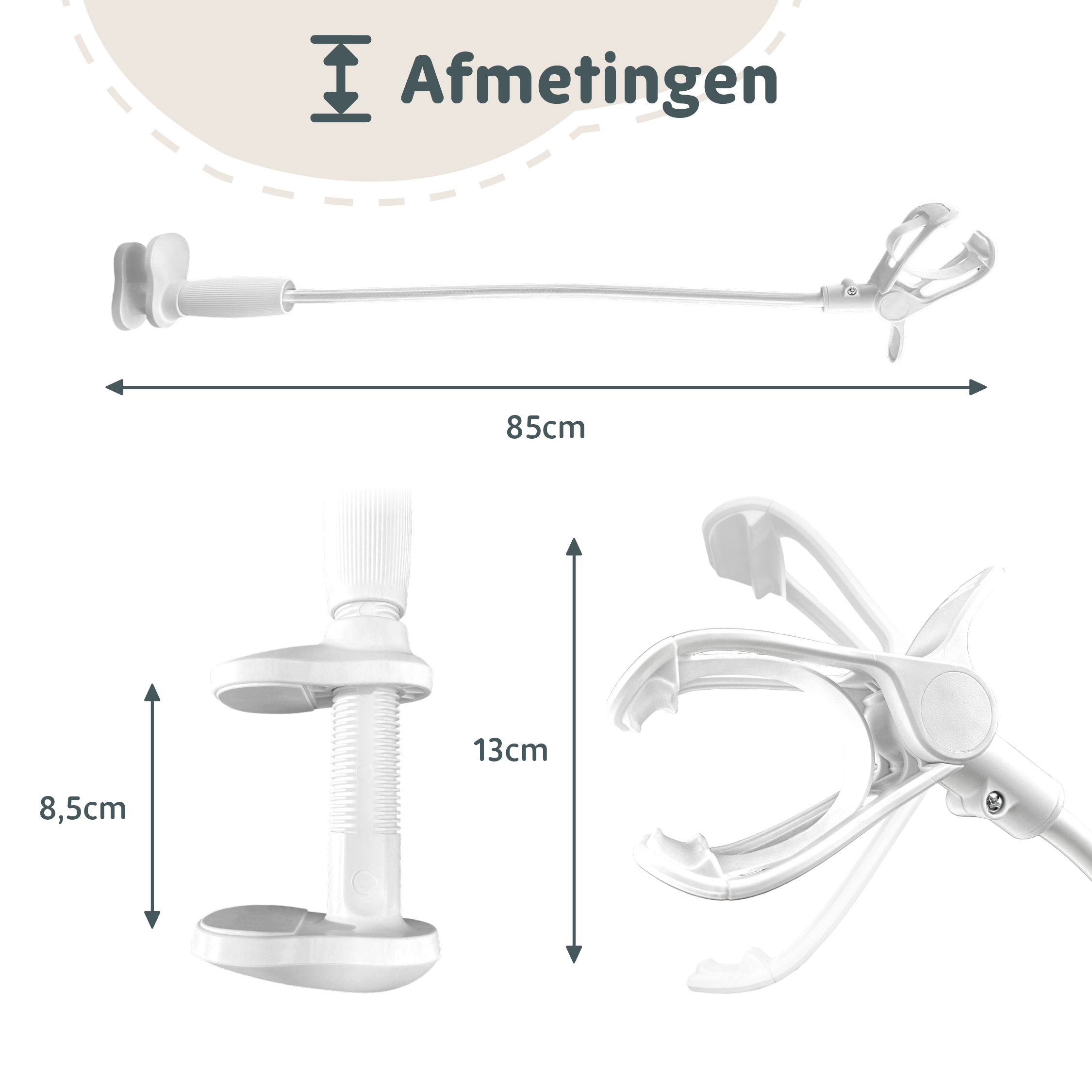 Afmetingen van de Lumini babyfoonhouder: totale lengte 85 cm, klemhoogte 13 cm, klemopening 8,5 cm.