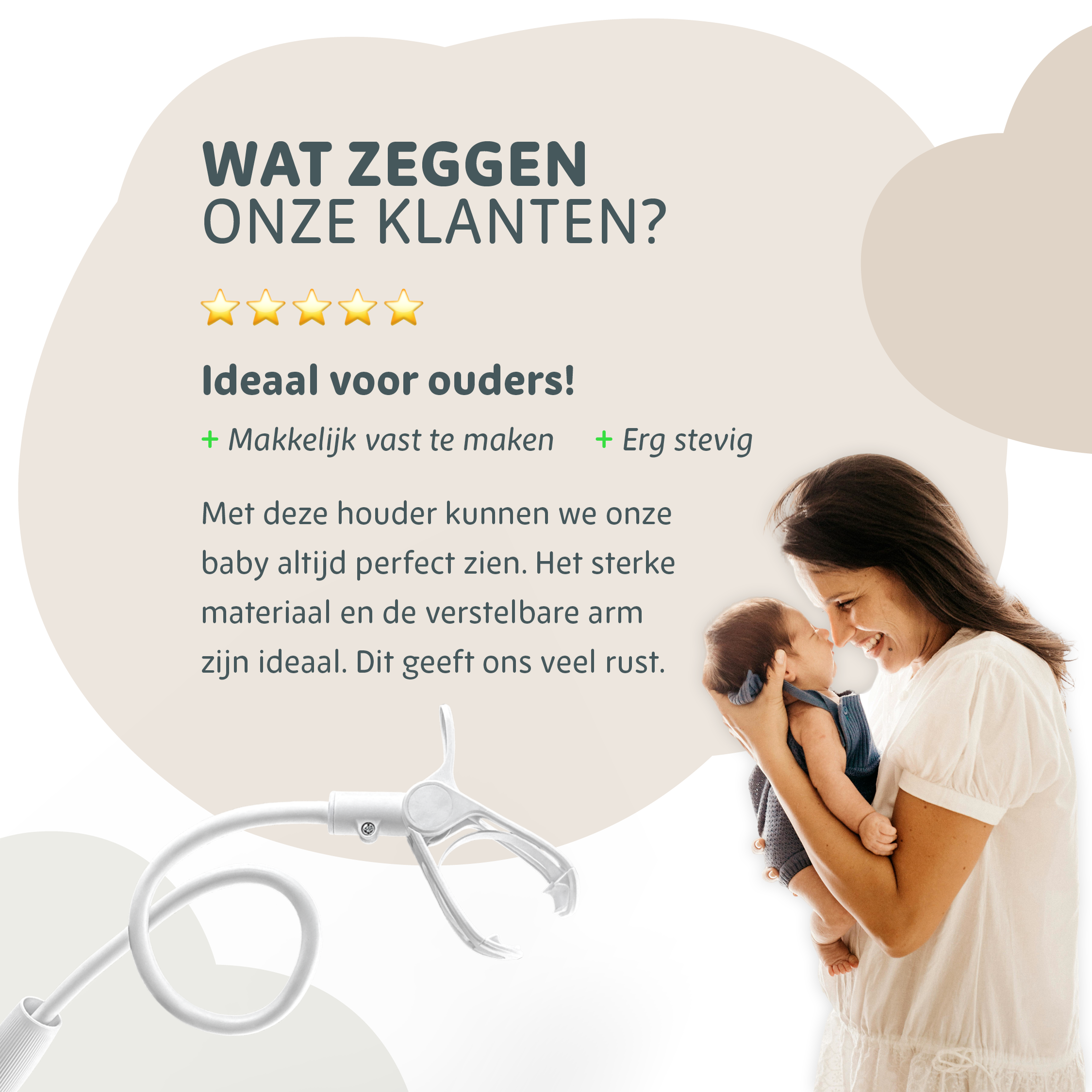 Klantrecensie over de Lumini babyfoonhouder met vijf sterren: ideaal voor ouders, makkelijk vast te maken, erg stevig en biedt rust door het sterke materiaal en de verstelbare arm.