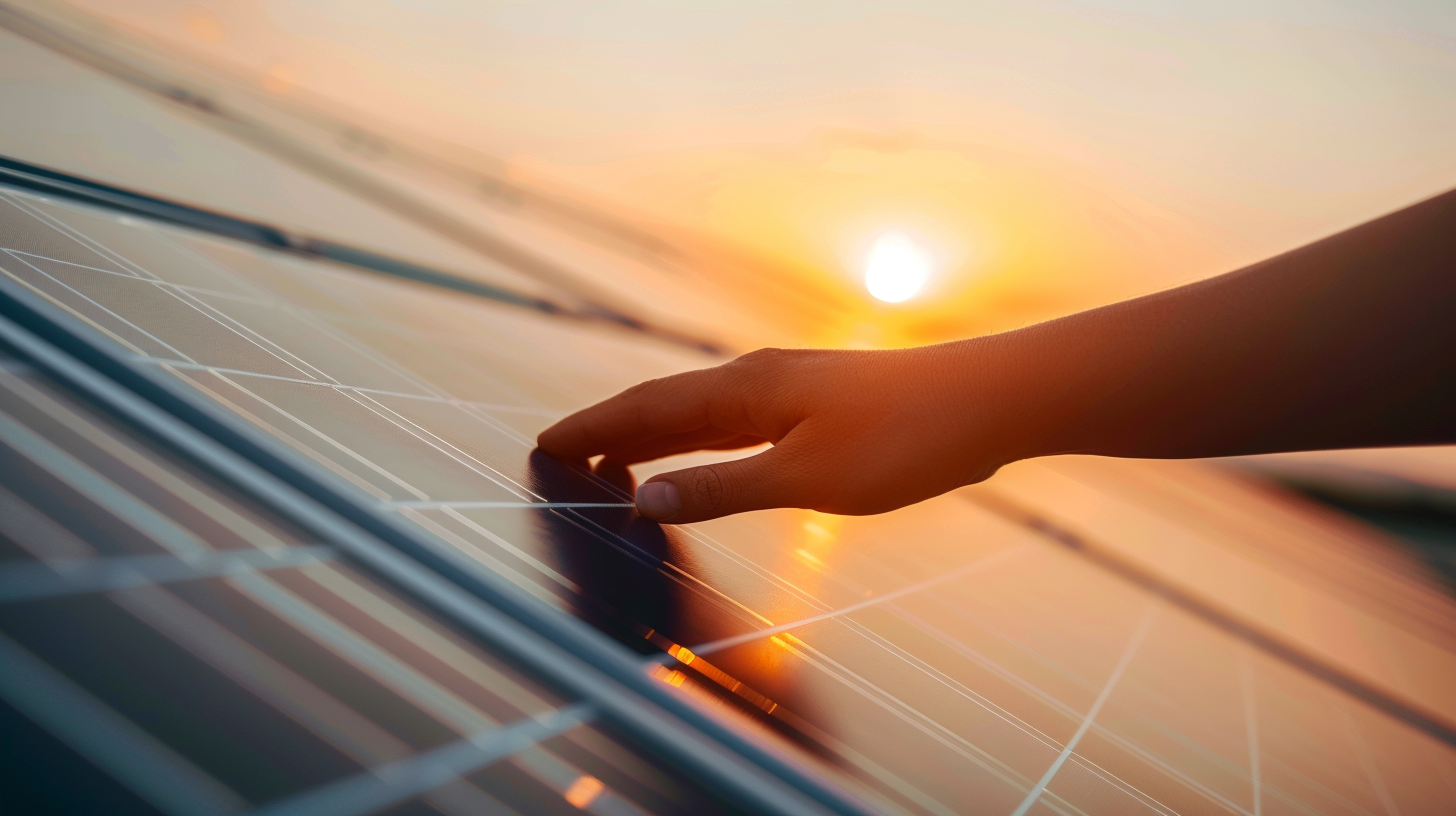 Persoon maakt zonnepanelen schoon met telescopische wasborstel bij zonsondergang