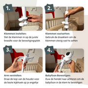 Stap-voor-stap instructies voor het installeren van de Lumini babyfoonhouder: 1. Klemmen instellen, 2. Klemmen vastzetten, 3. Arm verstellen, 4. Babyfoon bevestigen.